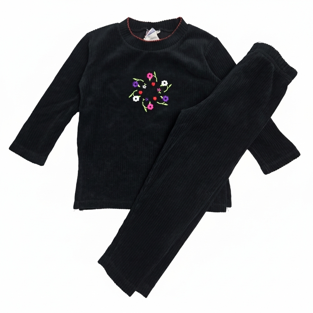 Vintage McKids McDonald’s 3T Black Corduroy Floral Embroidered 2pc Set